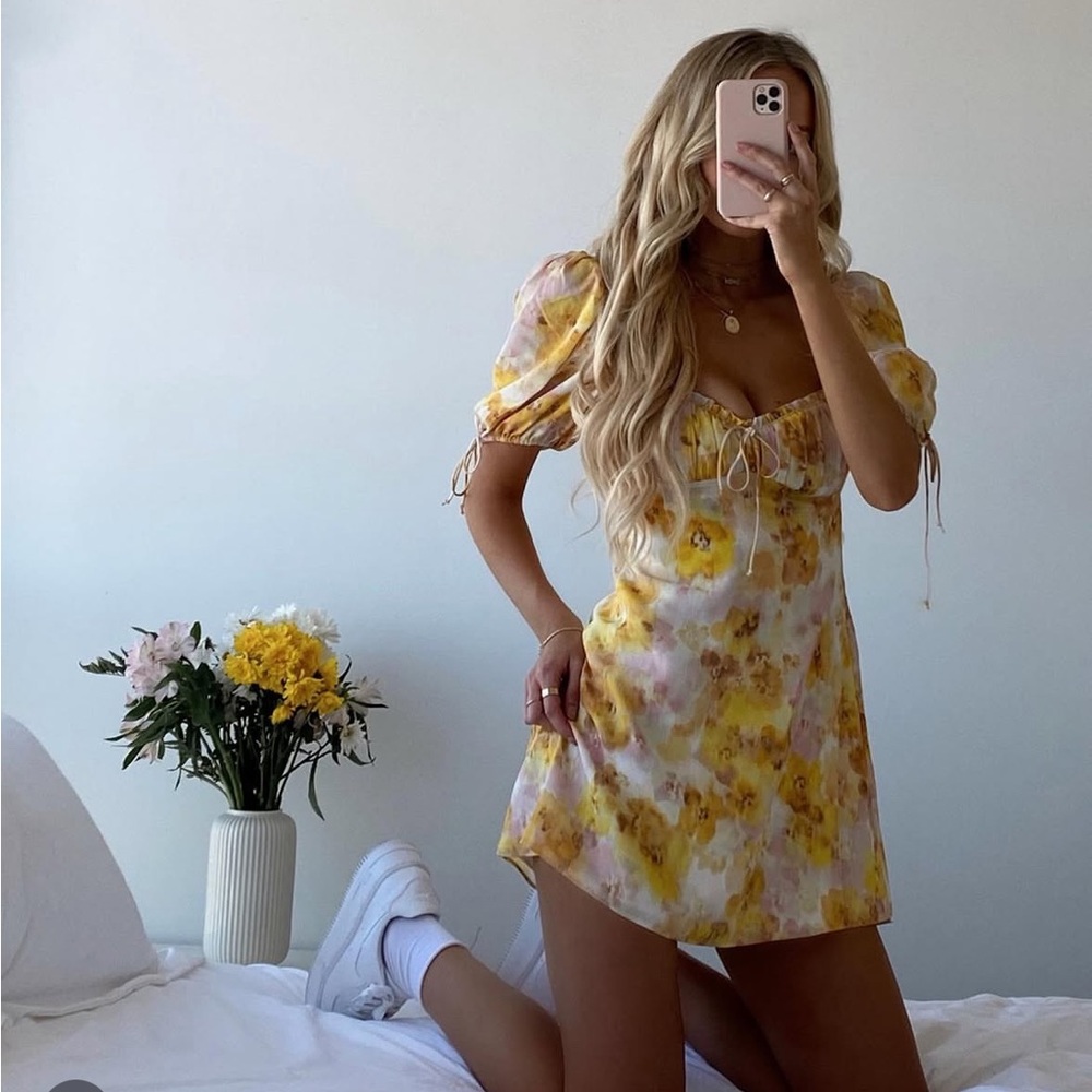 For Love & Lemons Yellow Floral Mini Dress with Puff Sleeves